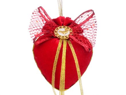 Цена: Елочное украшение сердце 8 см с красным бантом и брошкой птичка "Красный маскарад"