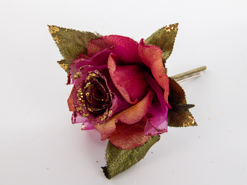 Цветок роза на прищепке 16,5 см, фиолетовый/золотой/зеленый