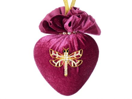 Цена: Елочная игрушка сердце со стрекозой "Бордовая феерия"