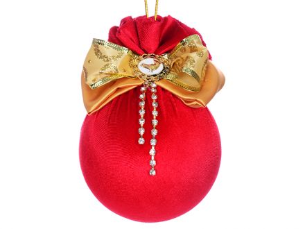 Цена: Елочный шар с золотым бантом и брошкой птичка "Красный маскарад" 10см