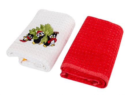 Цена: Набор полотенец махровых кухонных с вышивкой "Сhristmas penguins" красный 40x60 см (2 шт)